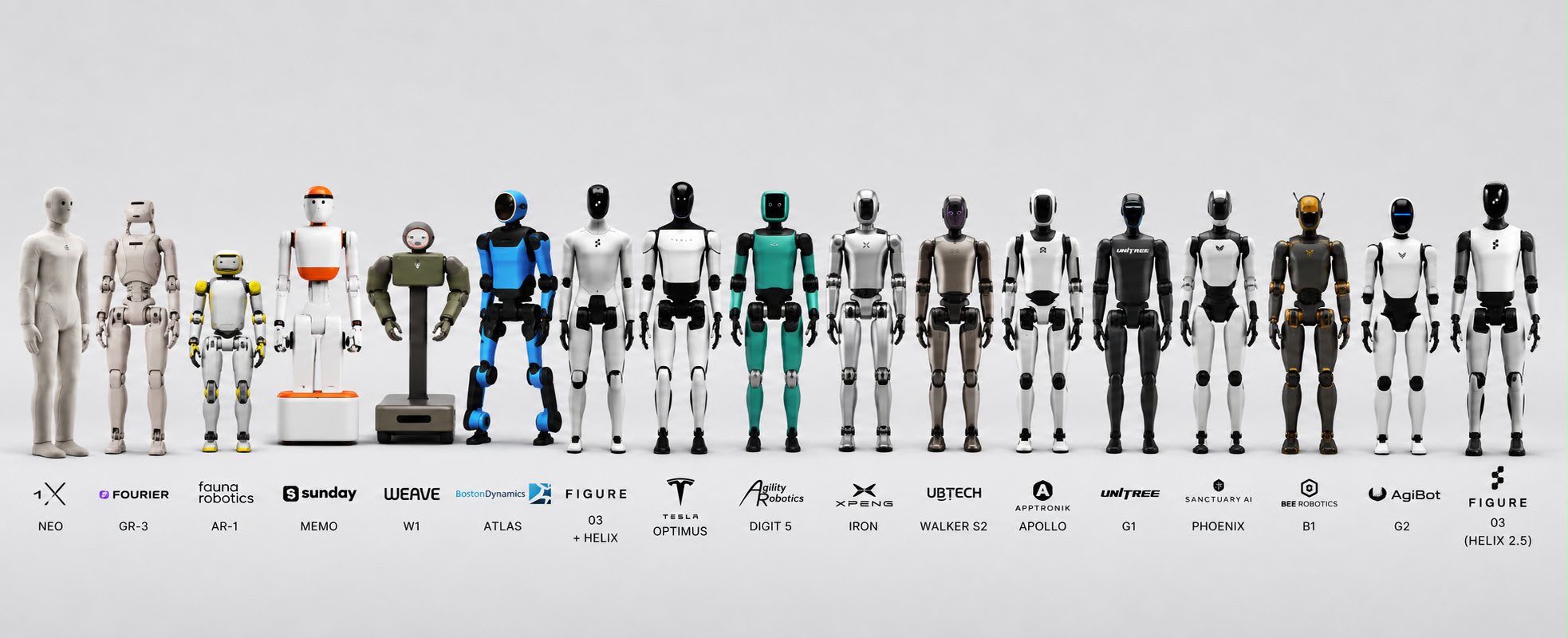Panorama de robots humanoides 2026 — una selección de 15 modelos de 15 fabricantes